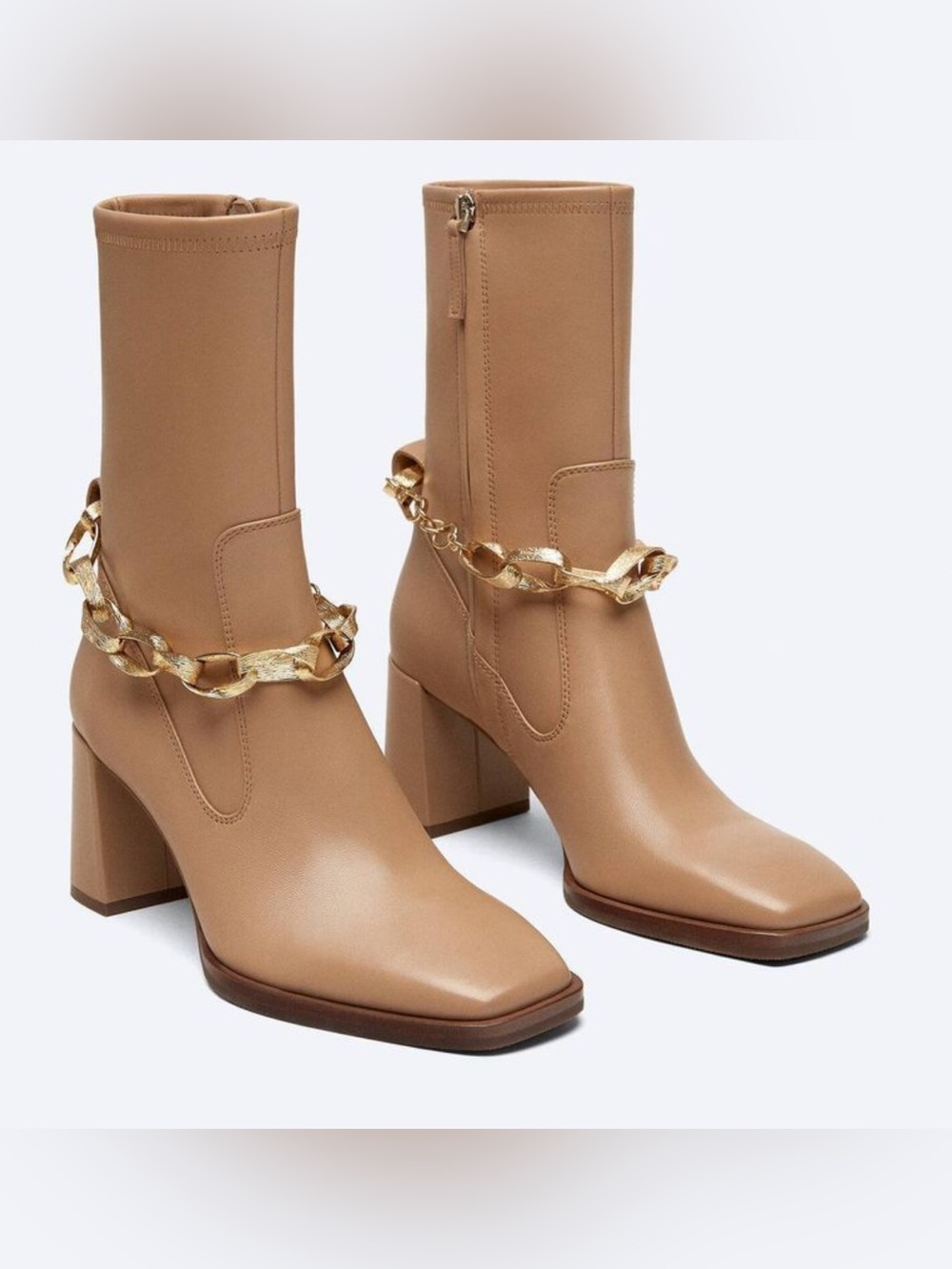 Uterqüe Tan Block Heel Boots with Gold Chain